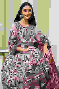 Beige Cotton Anarkali Printed Kurta Suit Set image number 0