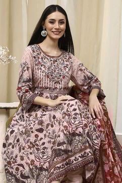 Beige Cotton Anarkali Printed Kurta Suit Set image number 0