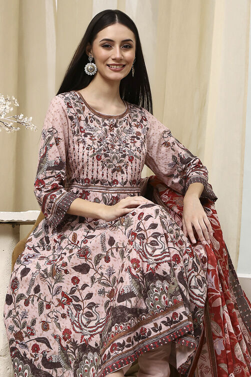 Beige Cotton Anarkali Printed Kurta Suit Set image number 0