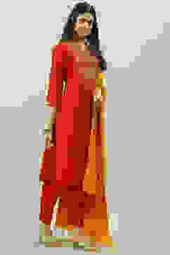 Terracotta Poly Cotton Straight Kurta Slim Pant Suit Set image number 6