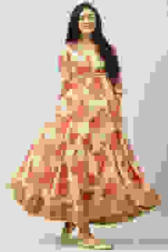 Beige Art Silk Flared Fusion Printed Dress image number 3
