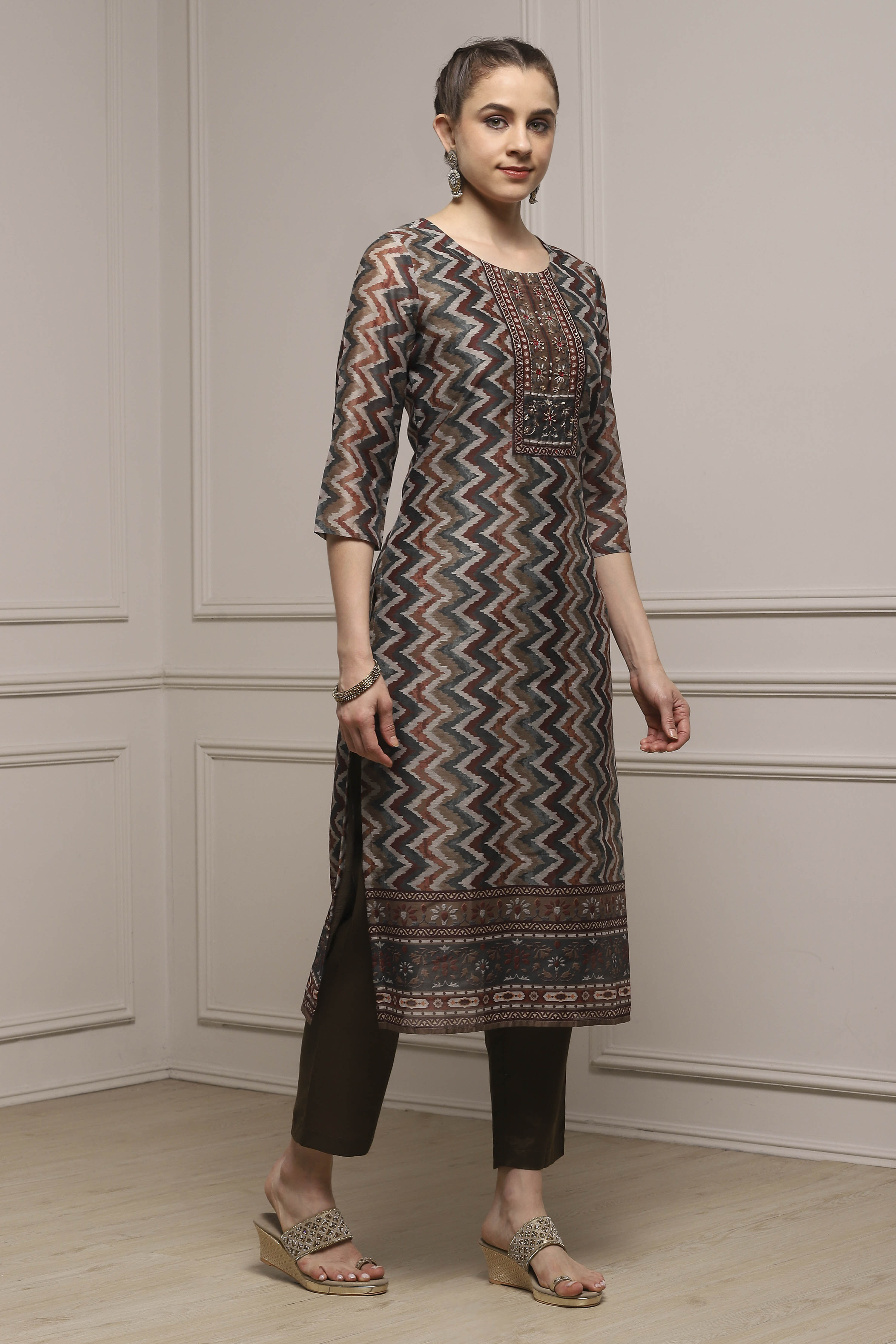 Orange Chanderi Blend Printed Embroidered Unstitched Suit Set image number 6