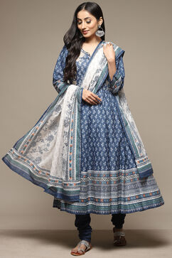 Indigo Cotton Anarkali Kurta Churidar Suit Set image number 0