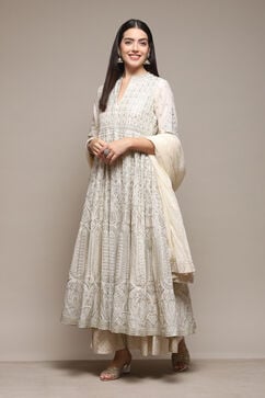 Off White Cotton Anarkali Kurta Skirt Suit Set image number 4