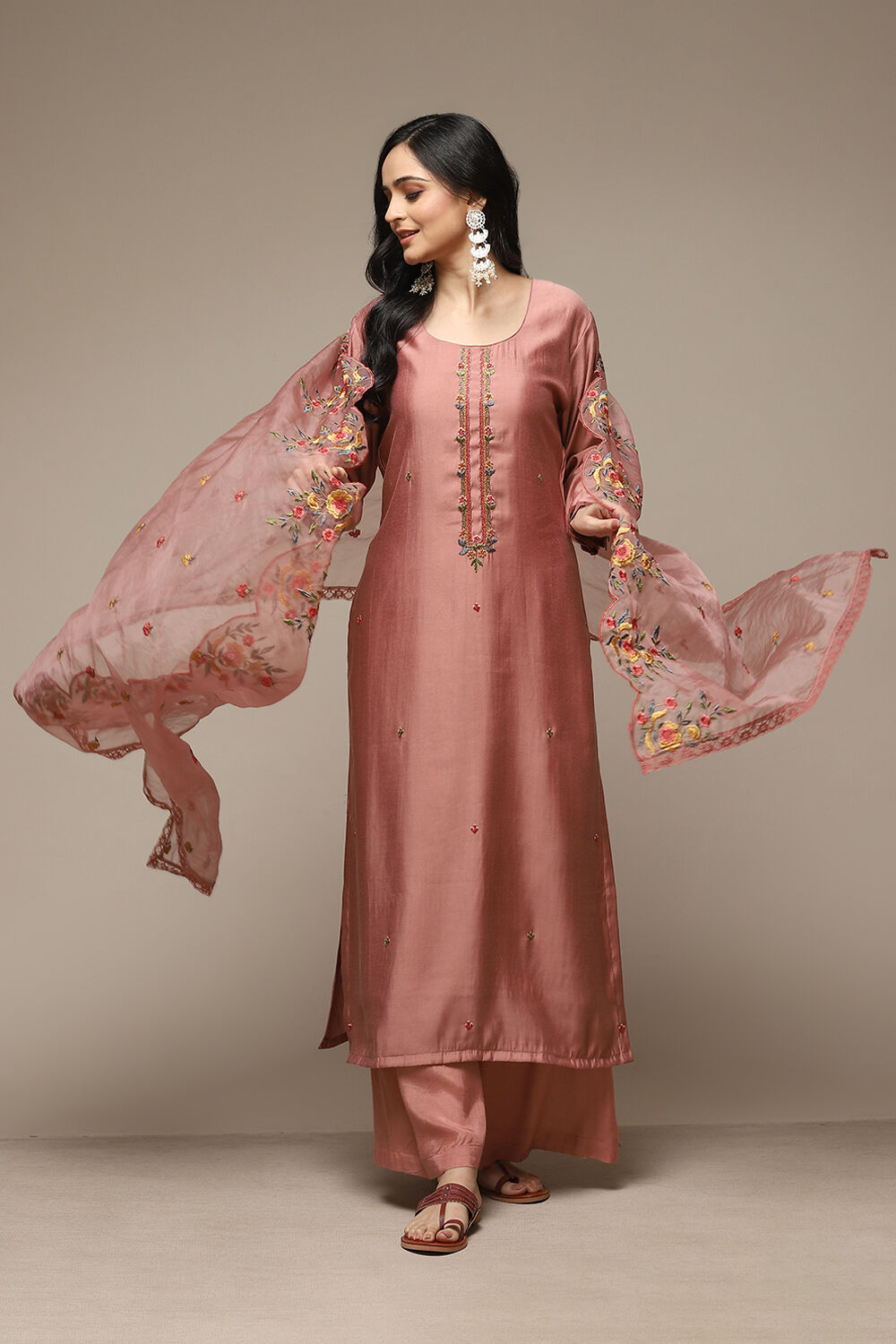Pink Banarasi Silk Machine Embroidered Unstitched Suit Set image number 1