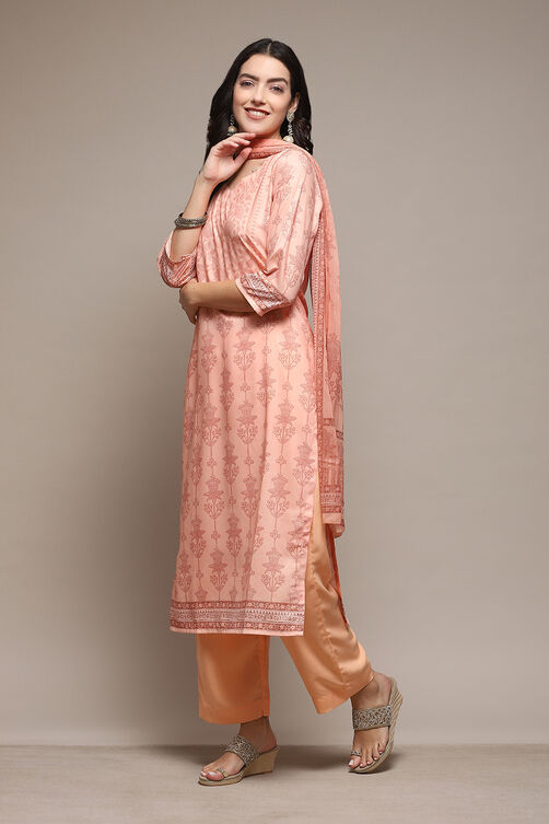 Peach Silk Blend Digital Print Unstitched Suit Set image number 5