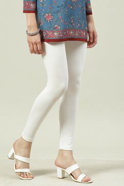 Off White Cotton Blend Solid Leggings image number 3