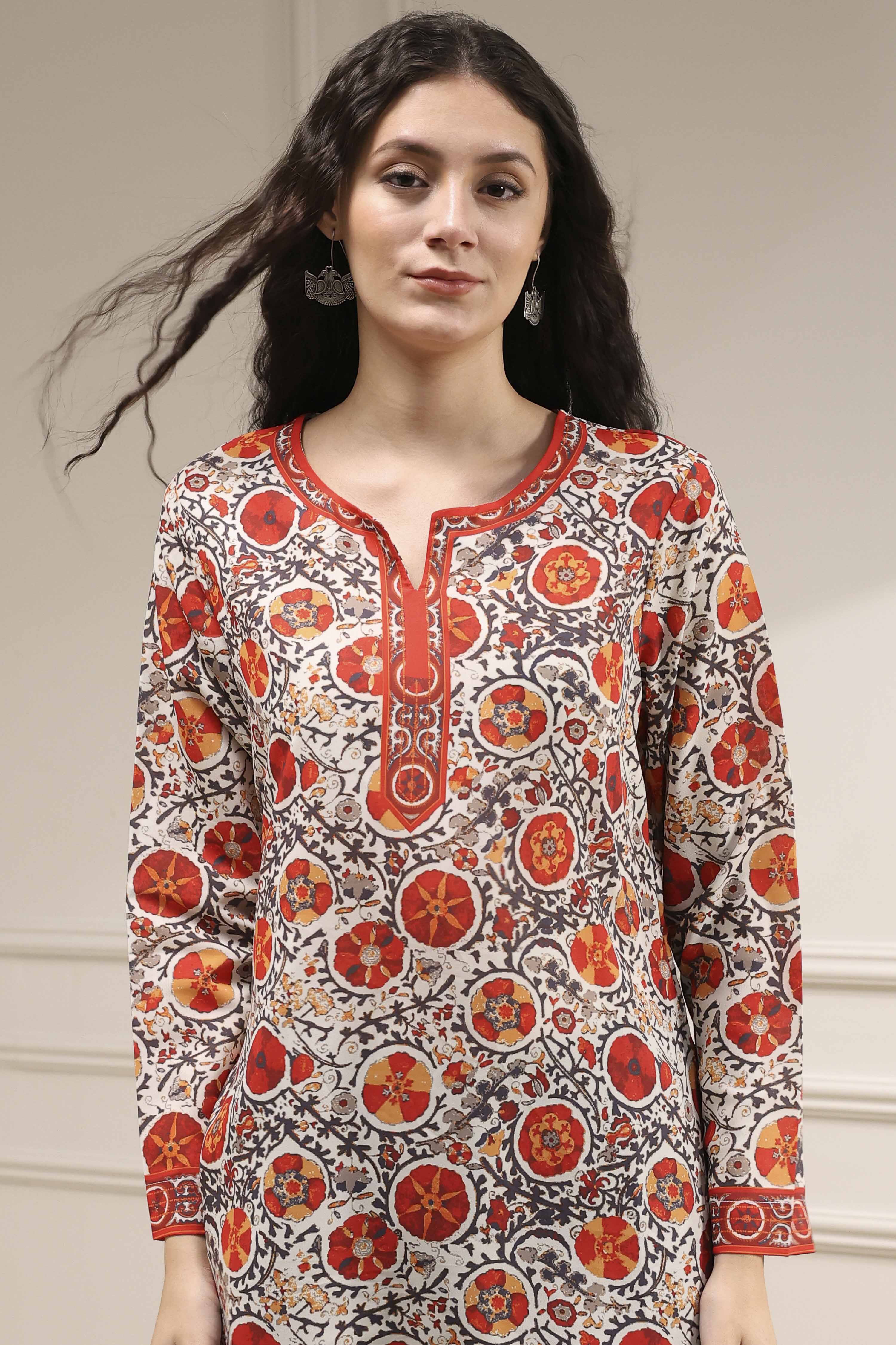 Mustard Red Polyester Straight Printed Short Kurta image number 1