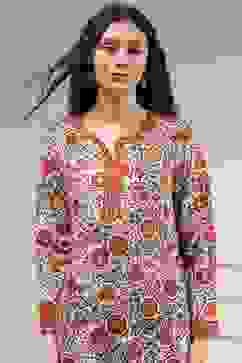 Off White-Red Polyester Straight Printed Short Kurta image number 1