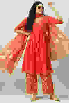 Red Cotton Flared Kurta Palazzo Suit Set image number 7