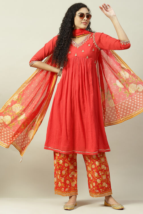 Red Cotton Flared Kurta Palazzo Suit Set image number 7