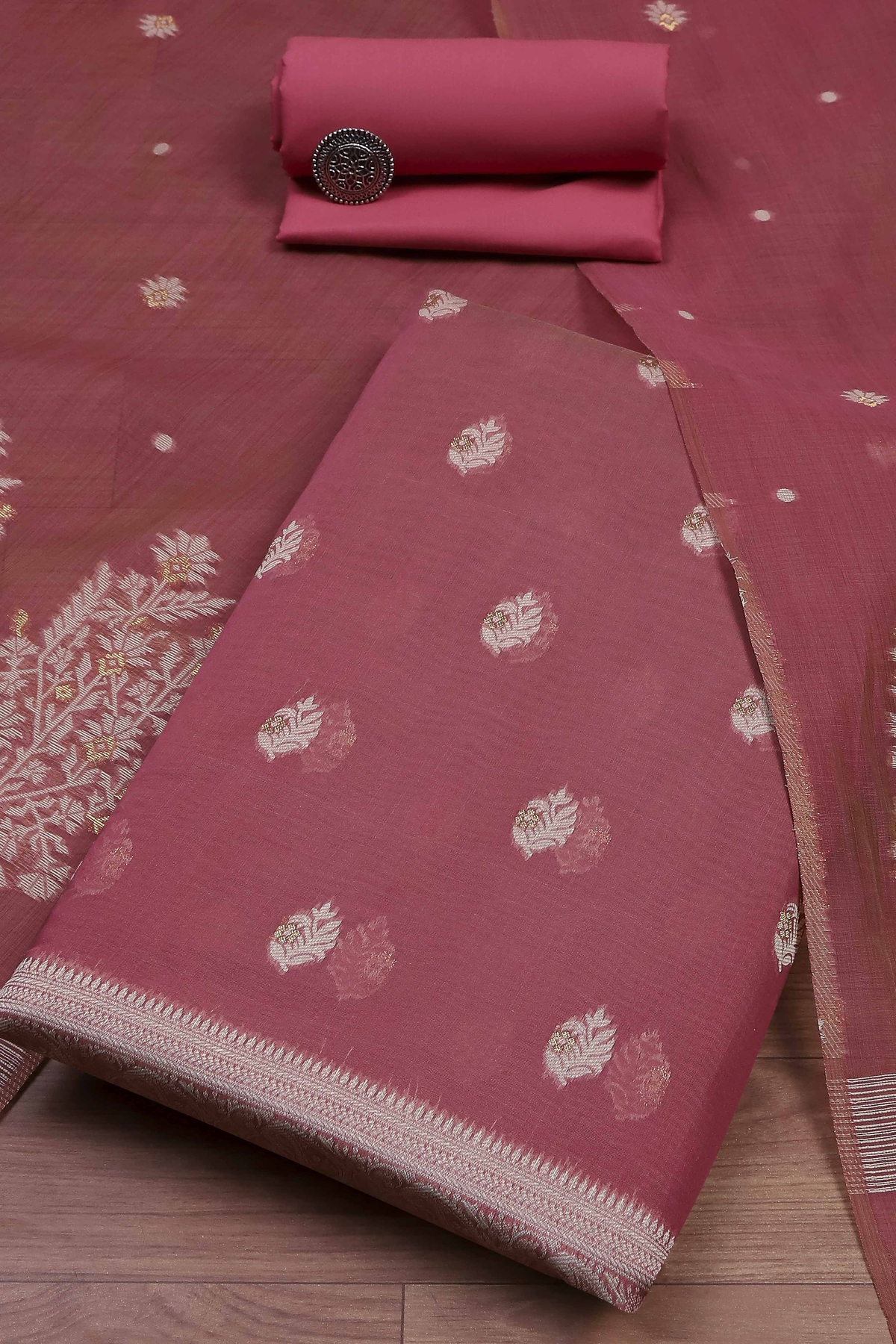 Pink Cotton Printed Embroidered Unstitched Suit Set