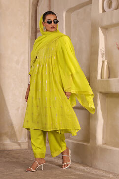 Lime Green Silk Gathered Yarndyed Suit Set image number 3