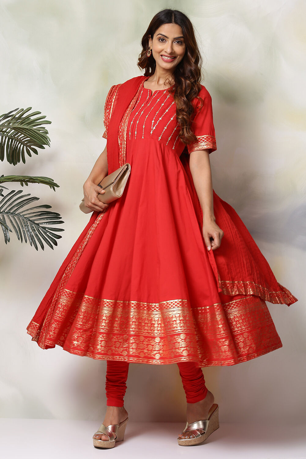 Buy Red Cotton Anarkali Suit Kurta Churidar Dupatta for