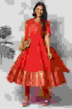 Red Cotton Solid Anarkali Suit Set image number 0