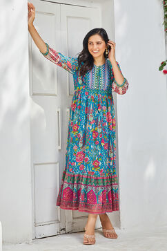 Teal Polyester Tiered Printed Dress image number 0