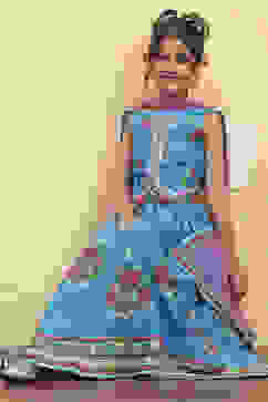 Blue Cotton Printed Straight Lehenga Set image number 0