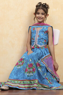 Blue Cotton Printed Straight Lehenga Set image number 0