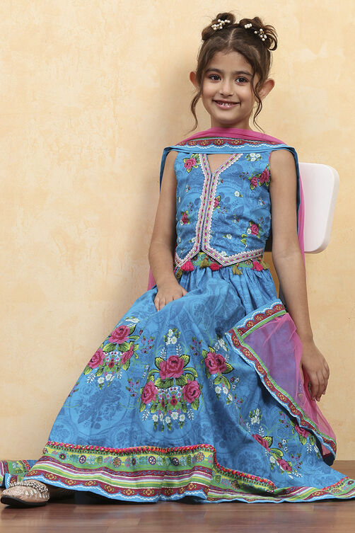 Blue Cotton Printed Straight Lehenga Set image number 0