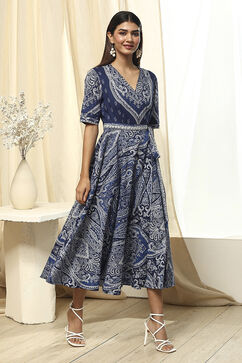 Indigo Cotton Printed Flared Wrap Dress image number 4