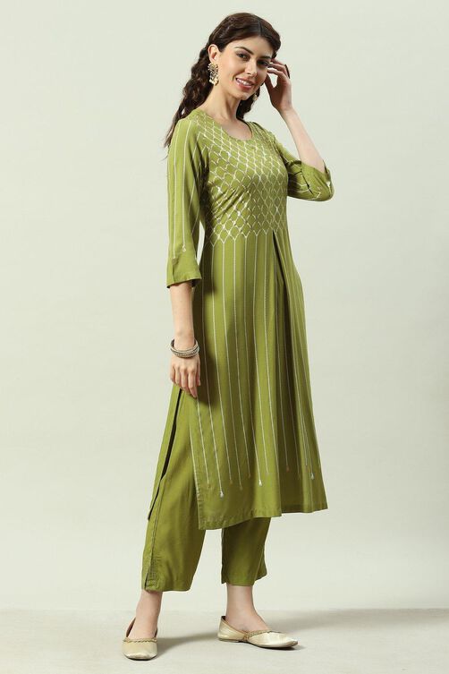 Green Rayon Straight Kurta Pant Suit Set