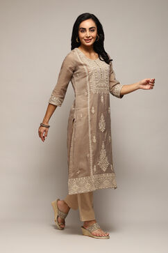 Grey Polyester Straight Yarndyed Kurta image number 3