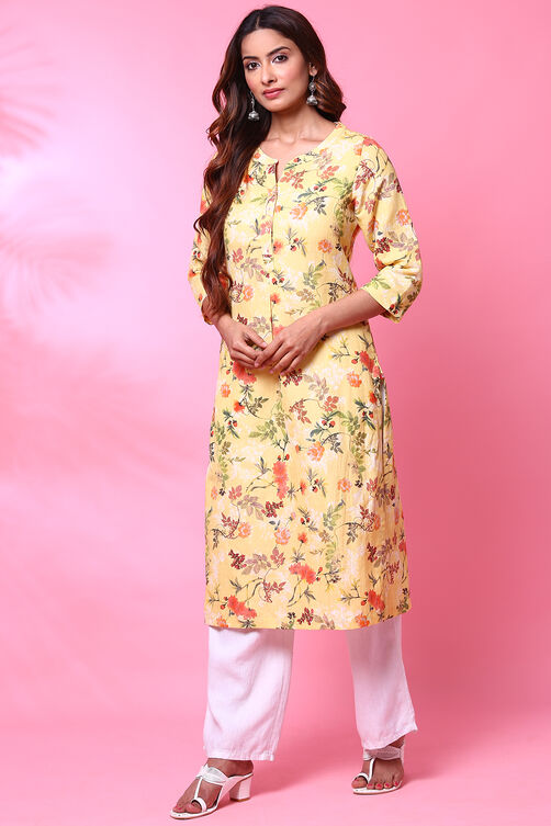 Yellow Cotton Linen Printed Kurta image number 3