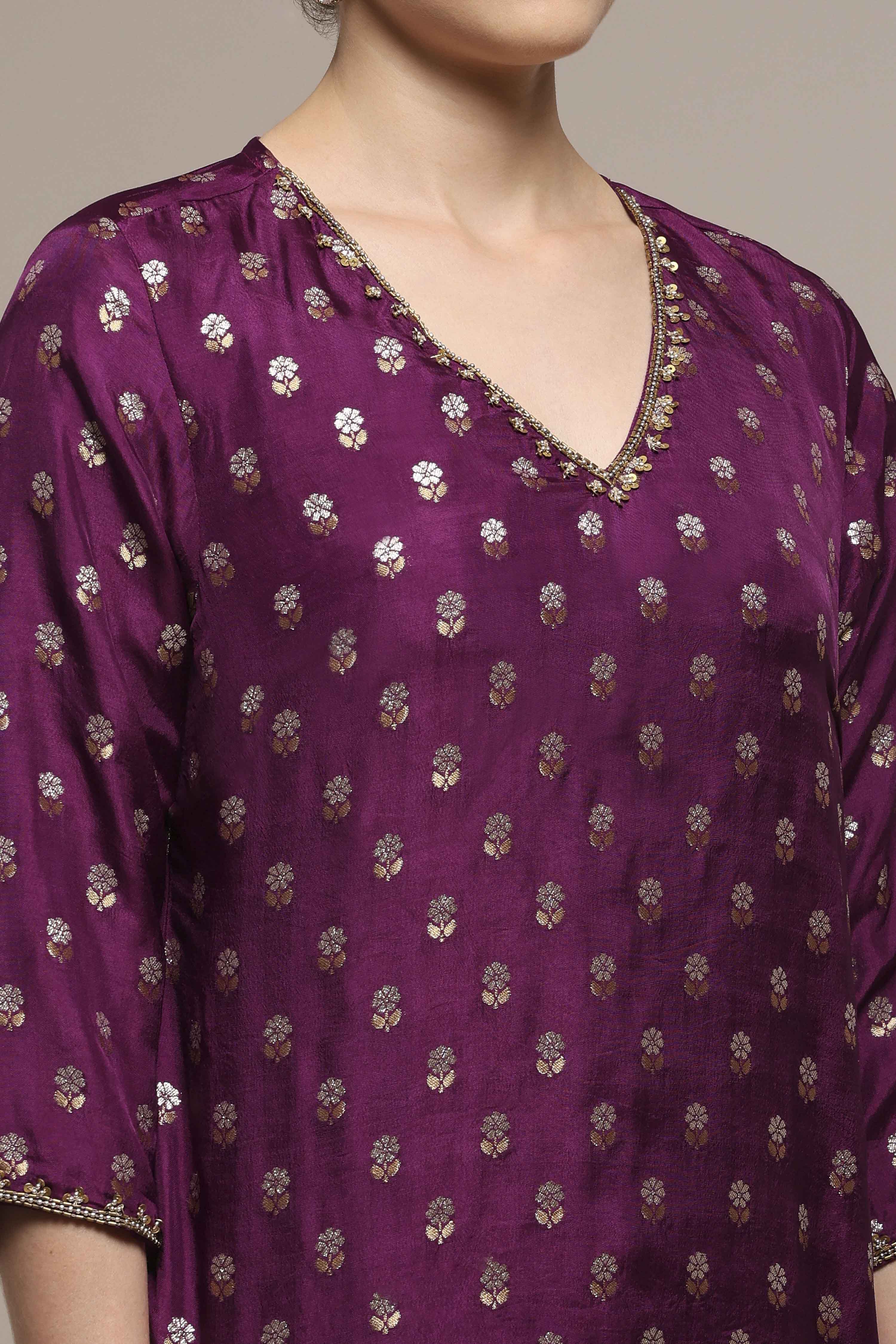 Purple Viscose Dupion Printed Straight Suit Set image number 1