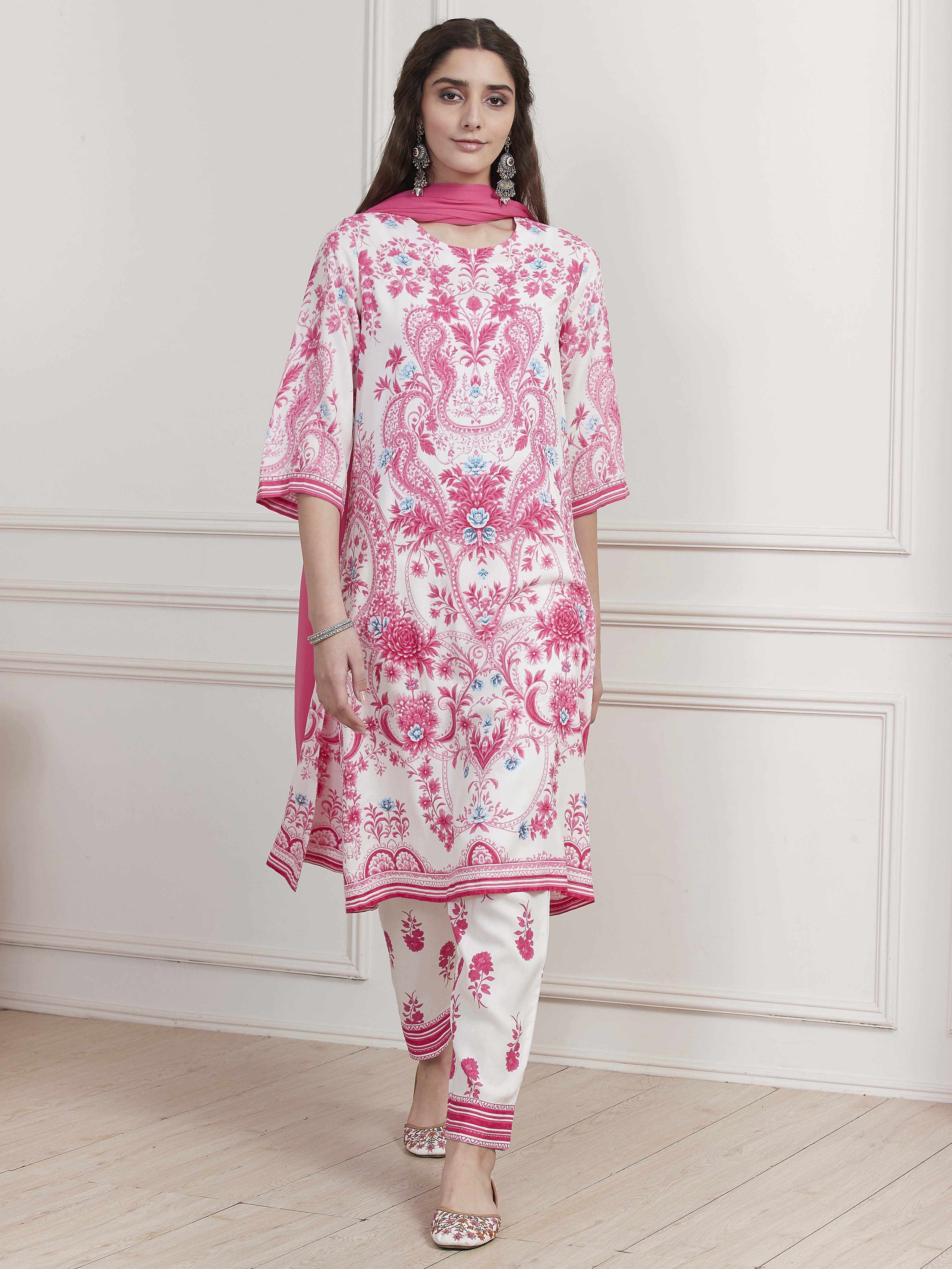 Pink and White Printed Straight Suit Set image number 6