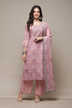 Pink Linen Machine Embroidered Unstitched Suit Set image number 8