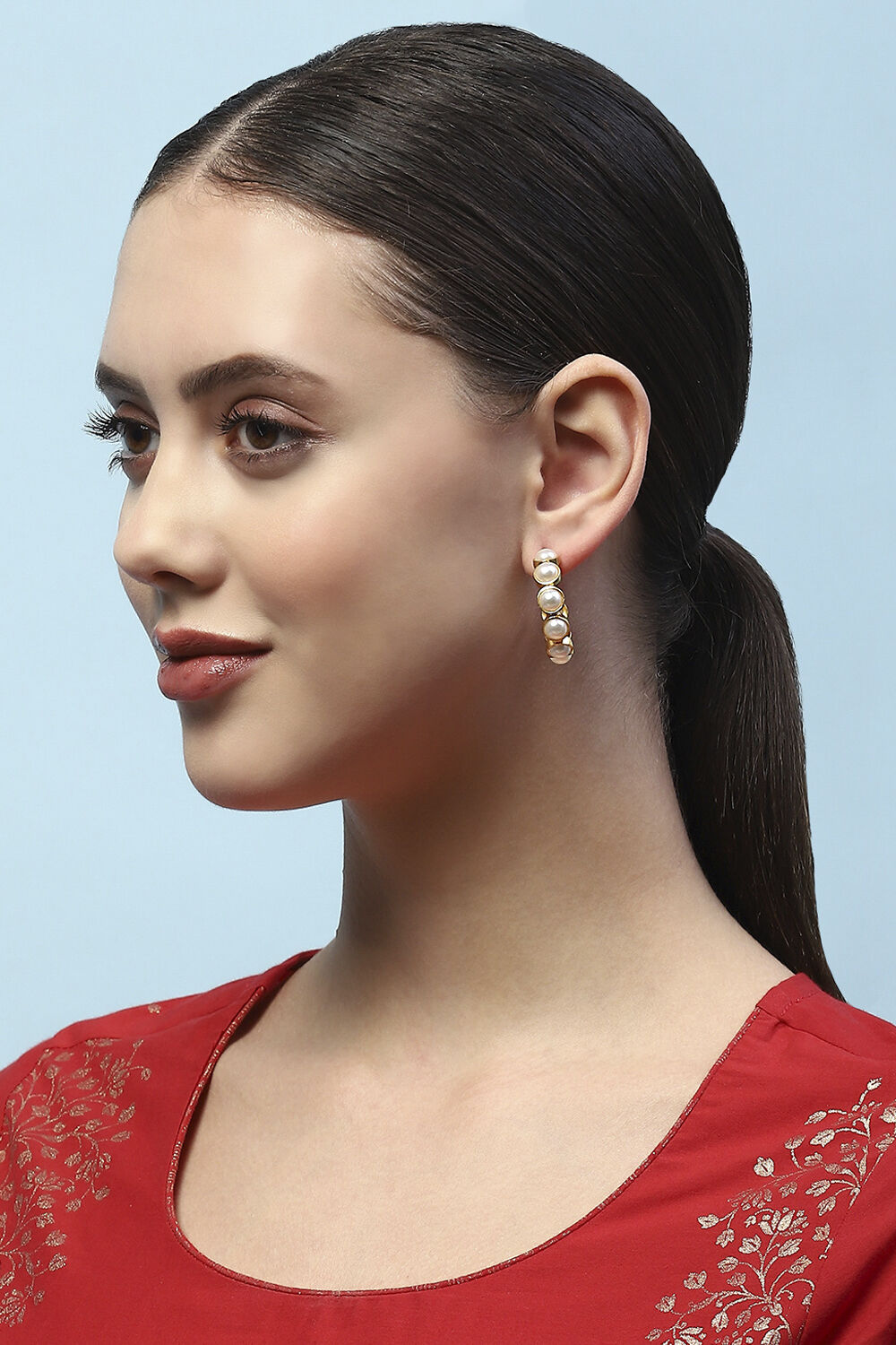 White Gold-Plated Pearl Contemporary Hoops image number 1