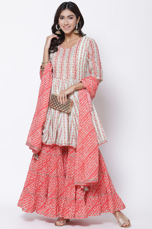 Aqua Coral Cotton Sharara Kurta Garara Suit Set image number 7