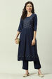 Navy Printed Rayon Straight Kurta Regular Pants Suit Set image number 6