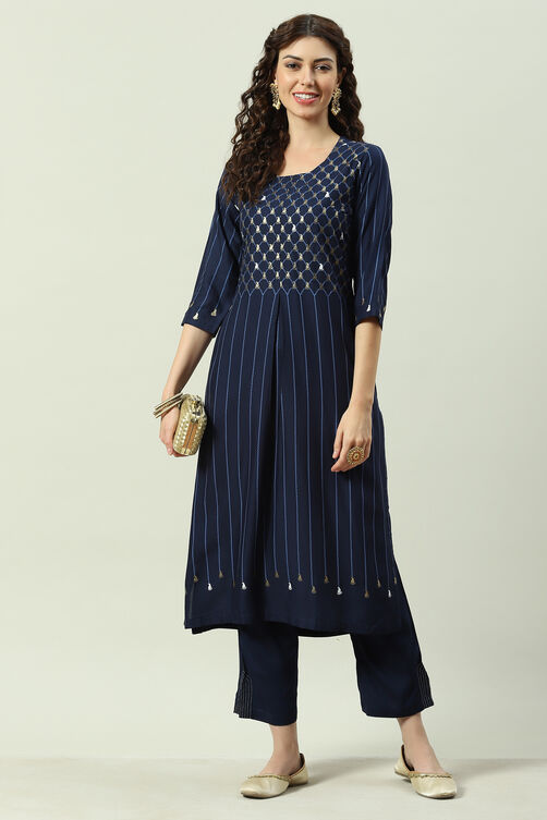 Navy Printed Rayon Straight Kurta Regular Pants Suit Set image number 6