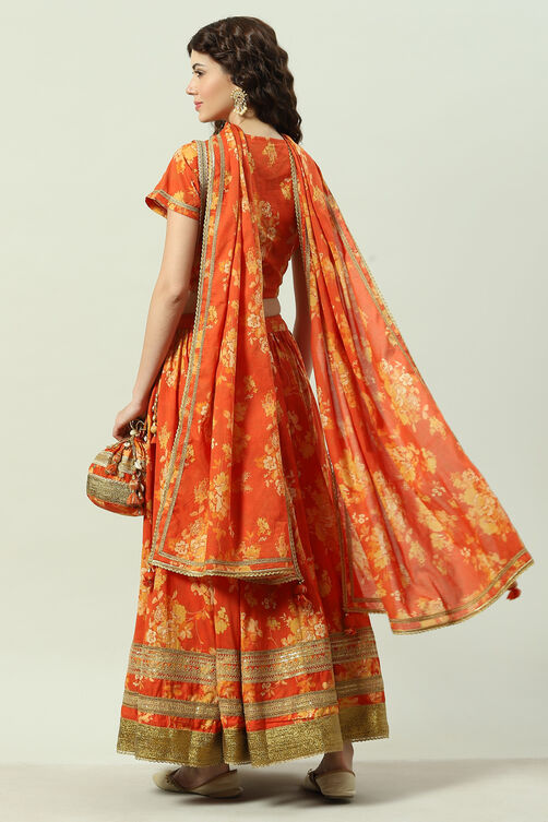 Orange Cotton Lehenga Set image number 4