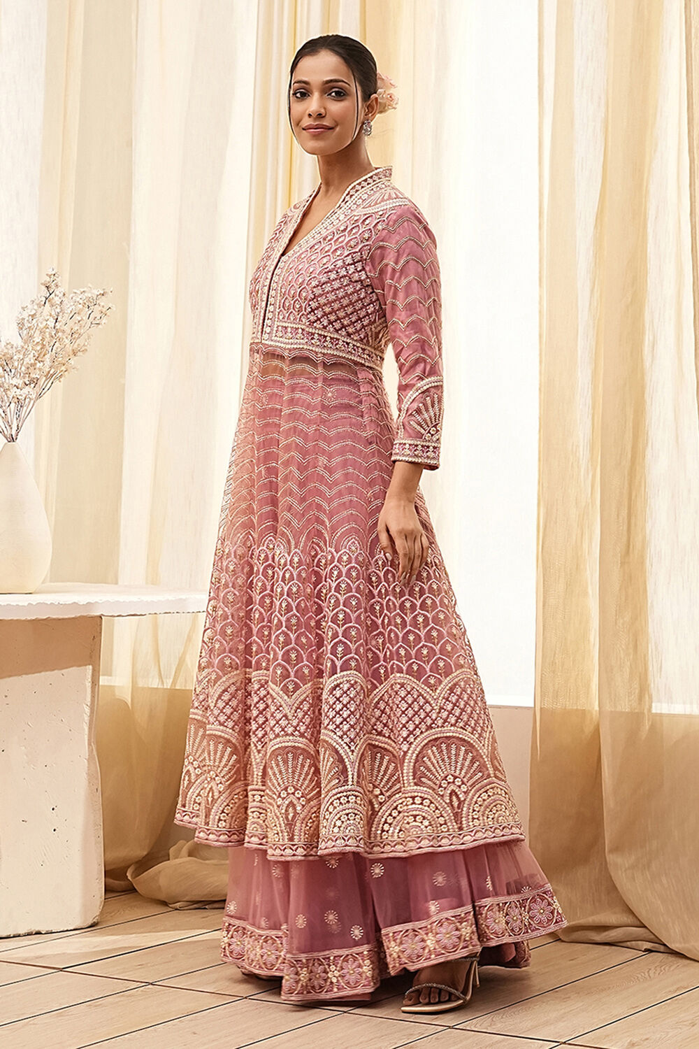 Buy Pink Net Embroidered Anarkali Lehenga Set Online at Biba Global