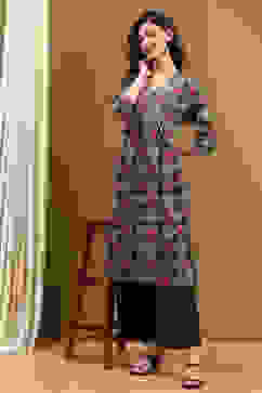 Black Cotton Printed Kalidar Kurta Set image number 0