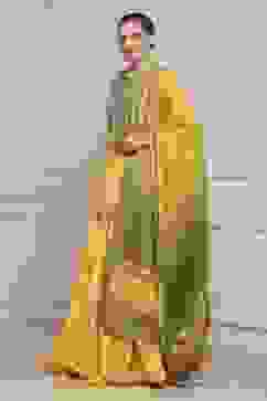 Yellow Olive Cotton Silk Straight Lehenga Set image number 3