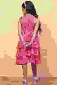 Pink Chiffon Floral Printed Flared Tiered Dress image number 3