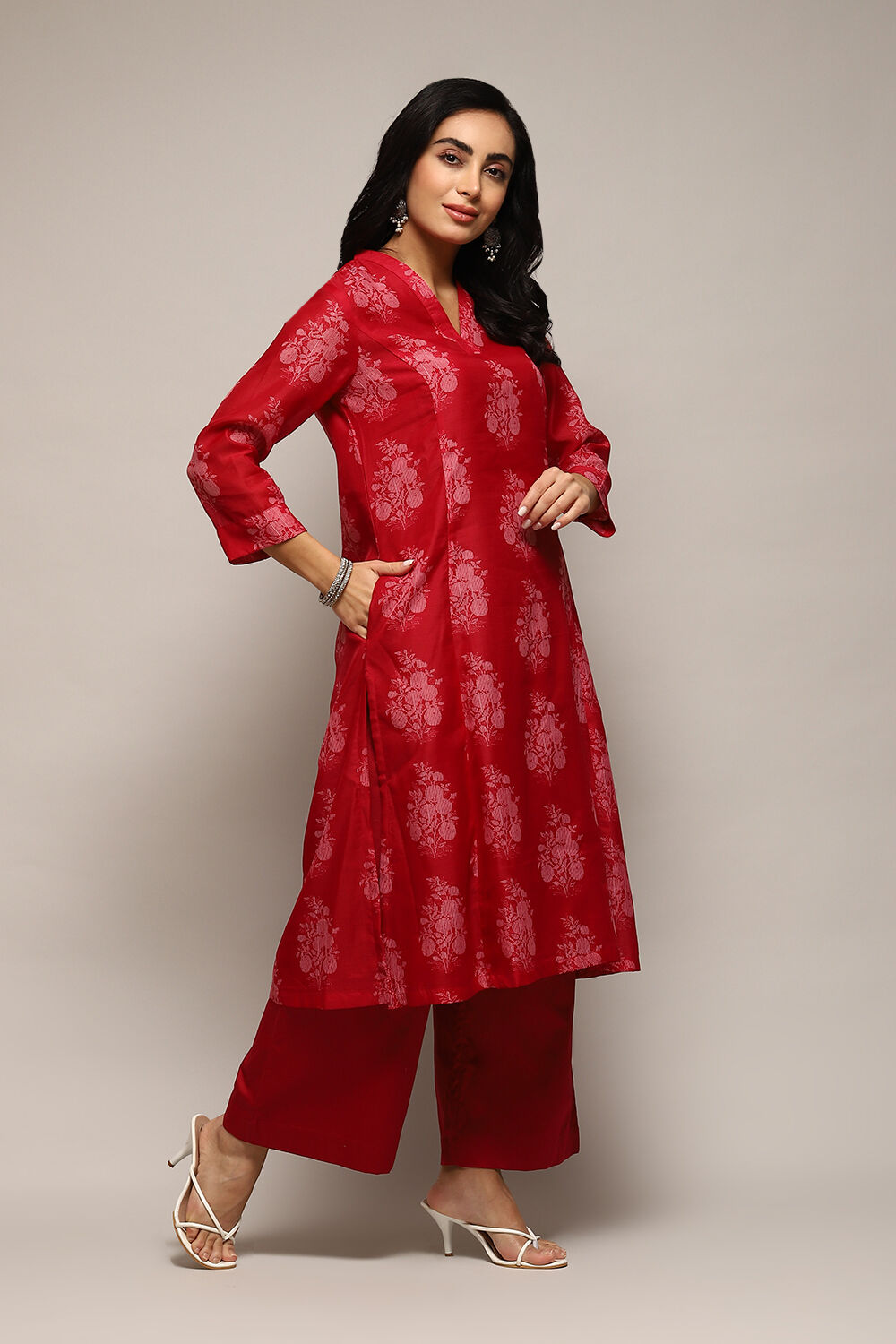 Pink Poly Chanderi A-Line Printed Kurta Palazzo Suit Set image number 5
