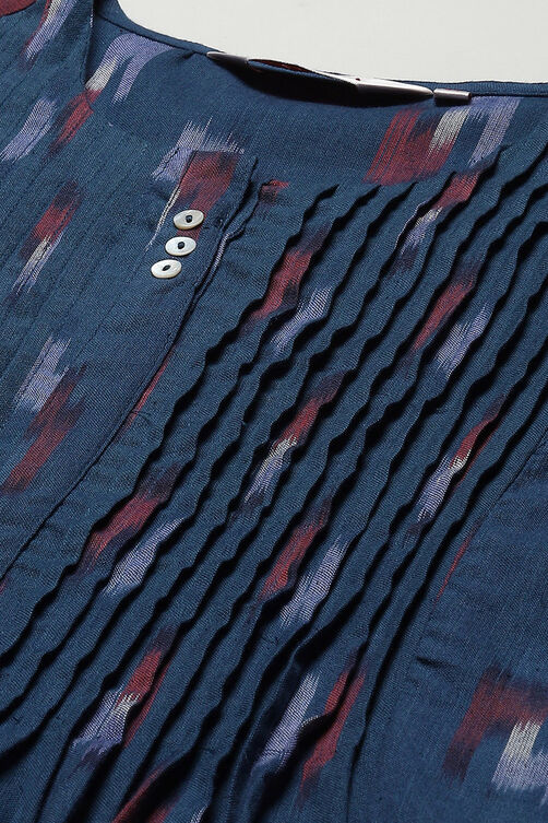 Navy Blue Cotton Printed Yard-Dyed Straight Kurta image number 1