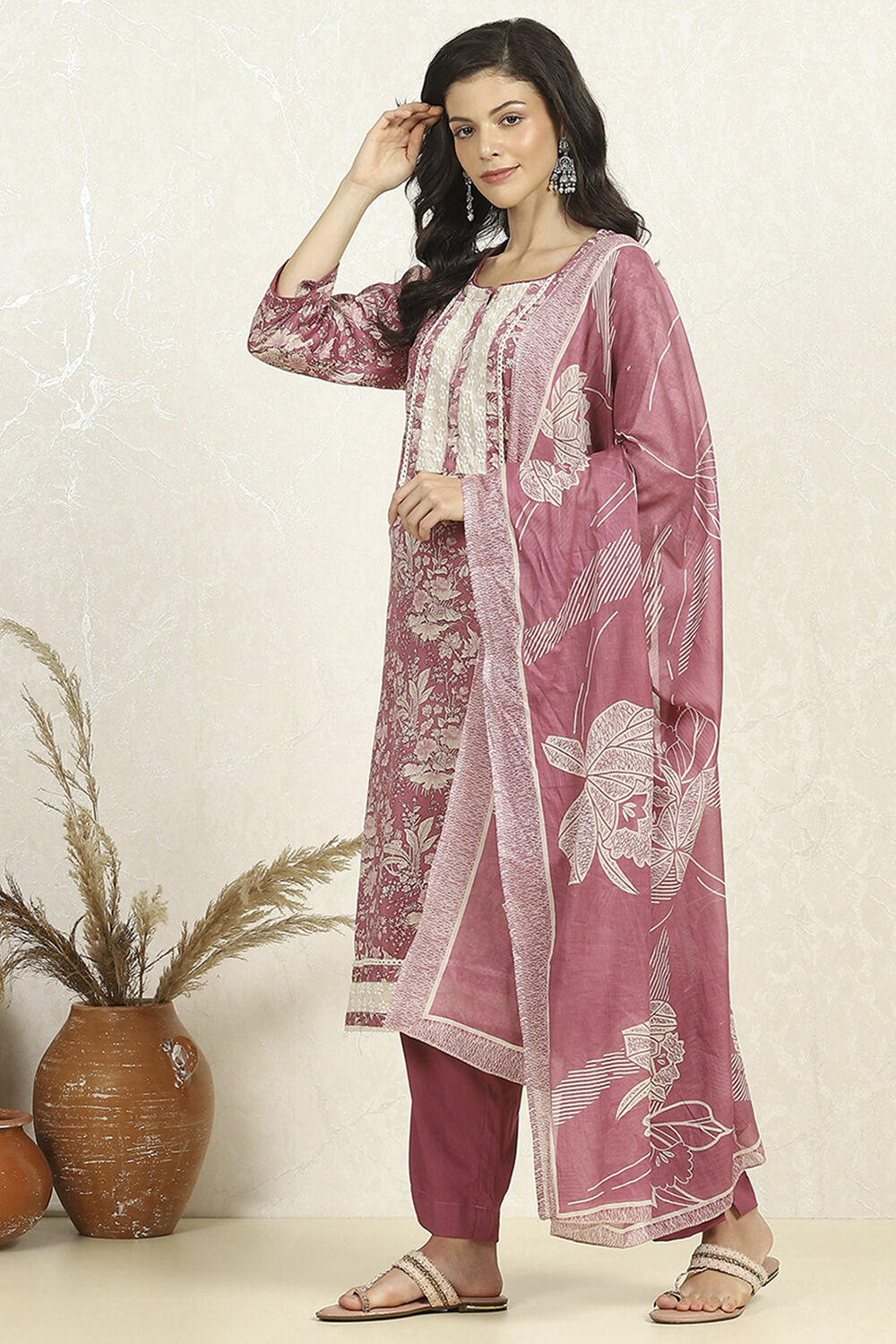 Purple Cotton Floral Printed Unstitched Suit Set image number 4