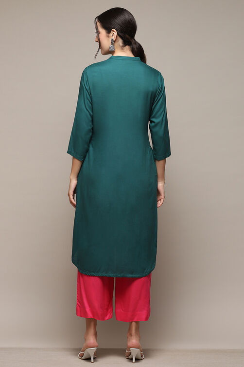 Green Rayon flax Straight Kurta Palazzo Suit Set image number 5