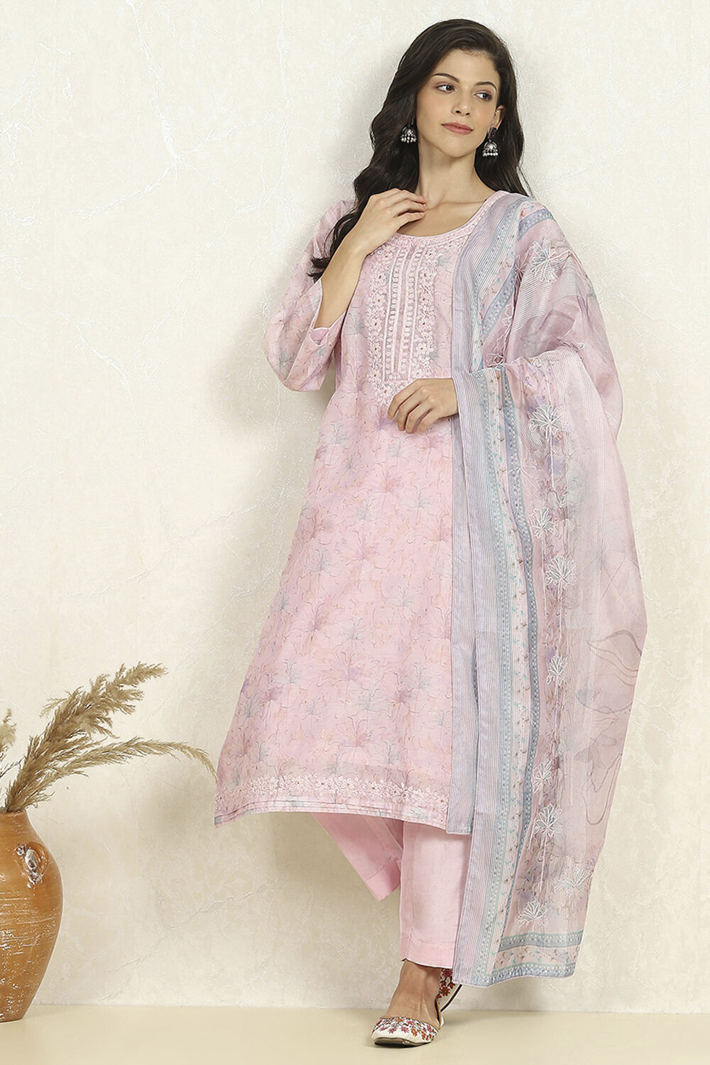 Light Pink Chanderi Unstitched Suit Set image number 4