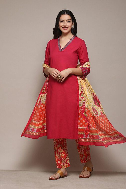 Blue Cotton Straight Kurta Pant Suit Set image number 4