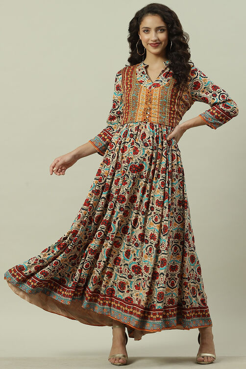 Ecru Rayon Flared Printed Dress image number 0