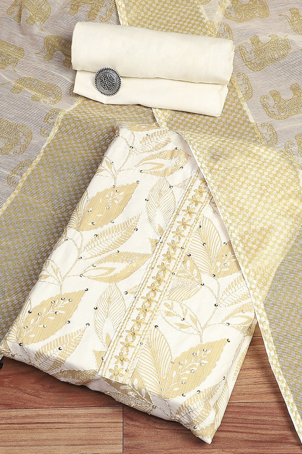 Gold Cotton Digital Print Unstitched Suit Set image number 0