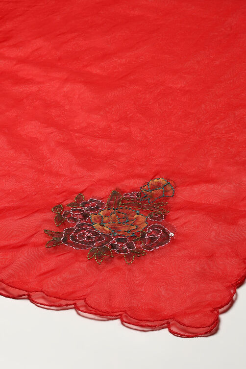 Red Silk Blend Hand Embroidered Unstitched Suit Set image number 4