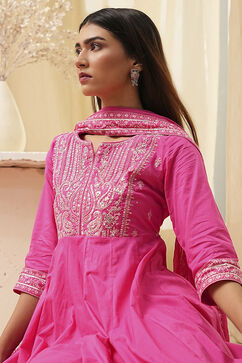 Pink Cotton Embroidered Anarkali Suit Set image number 7