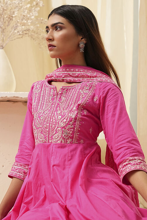 Blue Cotton Embroidered Anarkali Suit Set image number 7